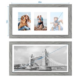 Hongkee 10x20 Picture Frame Set of 2, Rustic Grey Wood Frame with Real Glass Collage Frame, Display Pictures Three 5x7 With Mat or 10 x 20 Without Mat - Horizontal or Vertical Wall Mounting