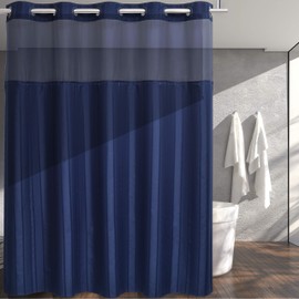 Conbo Mio Hotel Style Shower Curtain for Bathroom with Snap in Liner & See Through Top Window Waterproof Repellent Washable Shower Curtain（Dark Blue-Awning Stripe，71"(W) x 74"(H)）