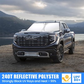 Foldable Sun Shade WODSTA Full Coverage Windshield Sunshade Compatible with Sierra 1500 2500 3500 2019-2025 4-Layer Thickened Windows Visor 240T Polyester Windshield Sun Shade