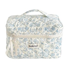 TRBSXRT Quilted Makeup Bag for Women - Large Cotton Cosmetic Bag, Floral Travel Makeup Bag Organizer Bag (Blue Flowers)