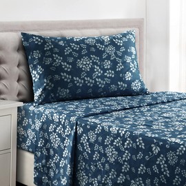 LUX Décor Floral Twin Sheet Set, 3 PC Soft Microfiber Wrinkle Free Sheets - Luxurious Printed Bed Sheets Includes Flat Sheet, Fitted Sheet with Deep Pockets, & Pillowcase, Navy Blue