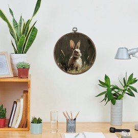 GWFSJYU Vintage Easter Bunny Framed Wall Art, Spring Bunny Rabbit Round Canvas Prints Wall Art, Bunny Gifts for Bunny Lovers, Rustic Cottagecore Wall Hanging Decor for Bedroom Living Room, 10x10 Inch