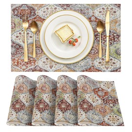 ZSYTZL Placemats Set of 4 Washable Durable Table Placemats for Dining Table Mat,Boho Pattern Kitchen Table Mats Decor Place Mats for Kitchen/Dining/Party/Outdoor-Beige Orange