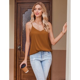Zeagoo Satin Top Women's Spaghetti Tops V-Neck Tank Top Silk Cami Sleeveless Summer T-Shirt Adjustable Straps Tops Basic, brown