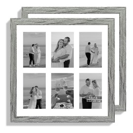 Hongkee 14x14 Picture Frame Set of 2, Grey with Glass Collage Frame, Display Photo Six Opening 4x6 With Mat or 14 x 14 Without Mat - Horizontal or Vertical Wall Mounting