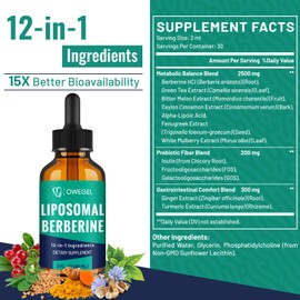 owegel Berberine HCL Supplement with Ceylon Cinnamon - Highly Absorbable Liposomal Berberine Liquid Drops 3000mg- 12 in 1 Natural Ingredients - AMPK Activator - 2 Fl Oz