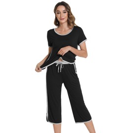 WiWi Pajamas for Women Soft Knit Capri Pants Pajama Sets Summer Pjs Sleepwear Comfy Lounge Set Viscose from Bamboo S-XXL, D-black, Small
