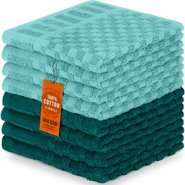 DecorRack 8 Pack 100% Cotton Wash Cloth, Luxurious Soft, 12 x 12 inch Ultra Absorbent Jacquard Towels, Machine Washable Washcloths, Teal Set (8 Pack)
