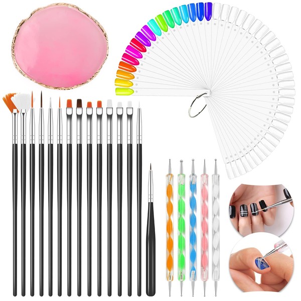 Pinkiou Nail Art Set Accessories, 15pcs Acrylic Nail Art Brushs with 5pcs Nail Dotting Pens, 50Pcs Nail Art Tips Sticks Display, Resin Nail Art Palette(Pink) for Nail Art Decoration