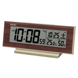 Seiko SQ325B Alarm Clock, Table Clock, Natural Table Clock, Radio Waves, Digital Calendar, Temperature, Humidity, Display, Visible at Night, Steady On, Light Gold Pearl, Partial Wood Grain, 3.2 x 8.1 x 2.0 inches (82 x 206 x 51 mm)