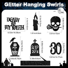 Fuutreo 36 Pcs Rip 20s Birthday Hanging Swirls Decorations 30th Birthday Party Decorations Death to My Twenties Gothic Silver and Black Glitter Funeral 30th Birthday Party Supplies Men Women