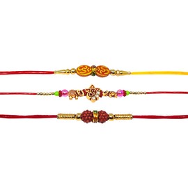 Set Of Three Rakhi Thread Rakhi for Brothers OM GANESH & RUDRAKSHA Rakhi Thread Wrist bands for brother Traditional Rakhi For Brother Multi Design And Assorted Color (Size 12 Inch) Raksha Bandhan Gift for your Brother Design 20