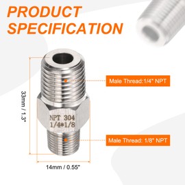 sourcing map 2pcs 304 Stainless Steel Hex Nipple 1/8" NPT Male x 1/4" NPT Male Straight Thread Pipe Fitting Extension Pipe Fittings Connector Adapter for Water Oil Gas Tub