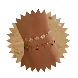 Inilbran Boho Colourful Gemstone Ankle Bracelet Circle Anklet Bracelet Rainbow Gemstone Pendant Anklet Gold CZ Tassel Anklet Jewellery for Women and Girls 2 Pieces, Crystal