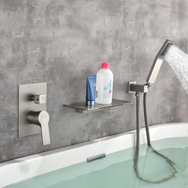 SHAMANDA Waterfall Bathtub Faucet with Sprayer, Wall Mount Tub Filler with Hand Shower, Single Handle Tub Faucet with Handheld ShowerHead(Rough-In Valve Body and Trim Included), Brushed Nickel, L902-2