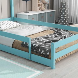 SPOFLYINN Pine Wood Floor Bed Frame with House Shaped Headboard Full-Length Guardrails Twin Size for Toddler Kids Girls Boys (202 x 113.8 x 145cm) Blue