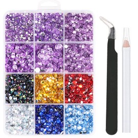 Darunyar 7160 Pieces Flatback Rhinestones for Nail Art Face Clothes Bags Phone Decorations Crafts DIY 5 Sizes Crystal Rhinestones with Tweezers and Picking Pen (purple and 6 colors)
