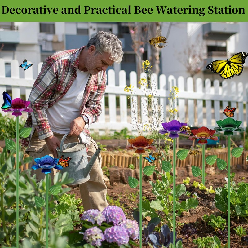 Retyion 6 Pack Bee Watering Station - Flowers Butterfly Feeder,