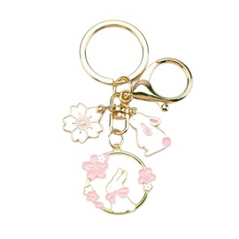 Rabbit Keyring Women's Cute Cartoon Keyring with Pockets Pendant Kawaii Bag Charm Handbags Gift for Girls, white flowers, S