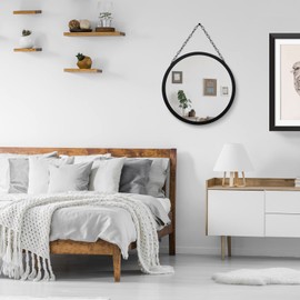 SANY DAYO HOME 12 inch Real Glass Black Round Mirror with Chain, Metal Framed Small Wall Hanging Circle Bathroom Shower Mirror for Home, Office, Door, Locker