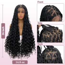 Janyuwool 36" Boho Triangle Knotless Box Braided Wigs Full Double Lace Braid Wig for Women Lace Frontal Human Hair Blended Braided Wig with Boho Curls Lace Front Braids Wigs with Baby Hair (Black)