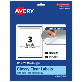 Avery Glossy Clear Rectangle Labels with Sure Feed, 3" x 7", 30 Glossy Clear Labels, Print-to-The-Edge, Laser/Inkjet Printable Labels