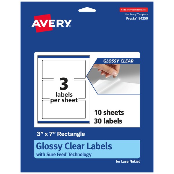 Avery Glossy Clear Rectangle Labels with Sure Feed, 3" x
