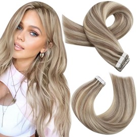 Moresoo Tape in Hair Extensions Human Hair Light Brown Highlighted with Blonde Hair Extensions for Women Tape in Human Hair Remy Human Hair Tape in Extensions 18 Inch 20 Pieces/50G