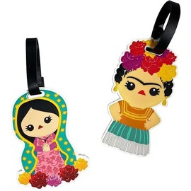 BY MEXICO Dúo de Identificadores para Maleta Magdalena Floreada y La Virgen, Set de 2 Etiquetas de Equipaje en PVC, Tarjeta para Datos de Contacto al Reverso, Accesorio para Viaje