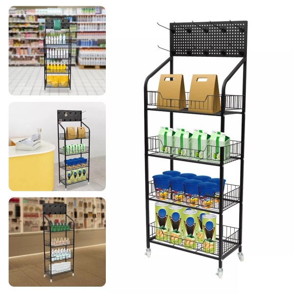 4 Tiers Baskets Adjustable Rolling Display Snack Rack Freestanding Stand
