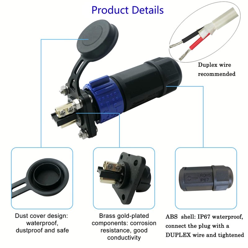 GaiRen 50 Amp Industrial Connector, 8AWG 2 Pin Waterproof IP67