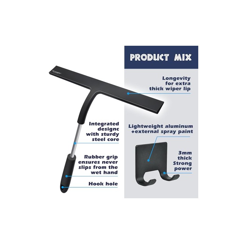 12 Inch Silicone Shower Squeegee with Microfiber Scrubber