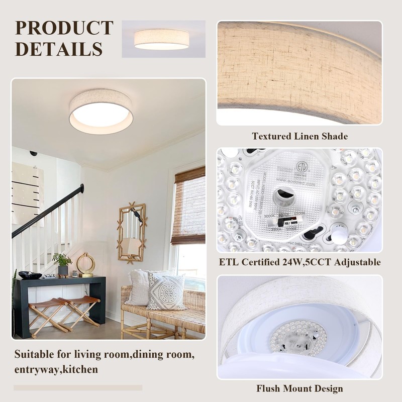 Aufrichting LED Fabric Ceiling Light,13" Low Profile Flush Mount Light,24W