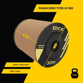EdcX 4mm Nylon Paracord 550 30m (100 feet) - Type III, 100% Nylon Rope, 7 Strand Rope, 4mm Nylon Rope in Solid Colors (Tan, 30 m)