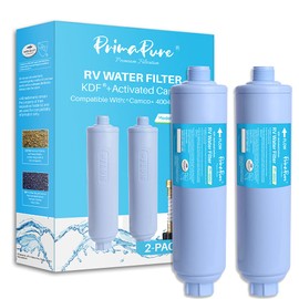2-Pack PrimaPure RV Inline Water Filter KDF Activated Carbon Replacement for Camco 40043 Standard Water Hose, Garden Hose, Camping with1 Flexible Hose