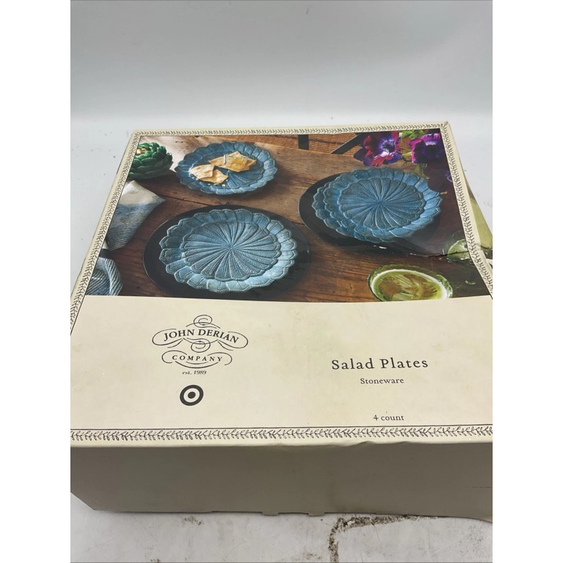 John Derian Blue Feather Scalloped Edge Stoneware Salad Plates 9"