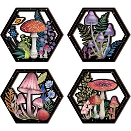 CHDITB 4Pcs Wooden Whimsical Mushroom Cottage Core Wall Art,Moody Boho Botanical Plant Moss Laser Cut Hollow Artwork Hanging Sign,Vintage Farmhouse Abstract Geometric Home Decor for Living Room