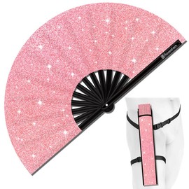 Glitter Large Rave Folding Clack Hand Fan with holster for men women Handheld Fan for EDM,Festival,Club,Party,Dance:_Pink Glitter Fan