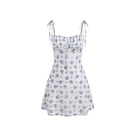 CIDER Summer Dress Floral Mini Dress Sleeveless Knotted Vacation Dresses Scoop Neck A-Line Casual Sundress Blue