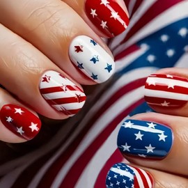 4th of July Press on Nails Short Square Fake Nails Stars and Stripes False Nails Glossy Acrylic Nails with Patriotic Designs Stick on Nails for Women Girls Independence Day Party Parade Nail Art