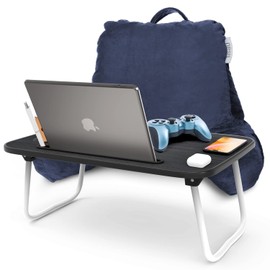 Nestl Reading Pillow with Portable Laptop Lap Desk - Shredded Memory Foam Back Support Pillow for Sitting Up in Bed and Couch Rest Pillows with Arms, Bed Tray Table with Foldable Legs, Navy