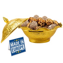 Crystalia Antique Candy Bowl, Decorative Ellipse Turkish Delight Container with Cute Lid, Ottoman Design Serving Dish, Food Grade Metallic Mini Sugar Holder for Lovely Gift, Home and Kitchen (Gold)