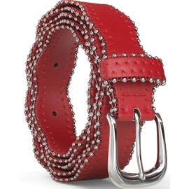 SUGOWEAR Red Vegan Leather Belt for Women - Wavy Edge Silver Buckle - Adjustable Waist Belt for Jeans, Dresses & Fashion