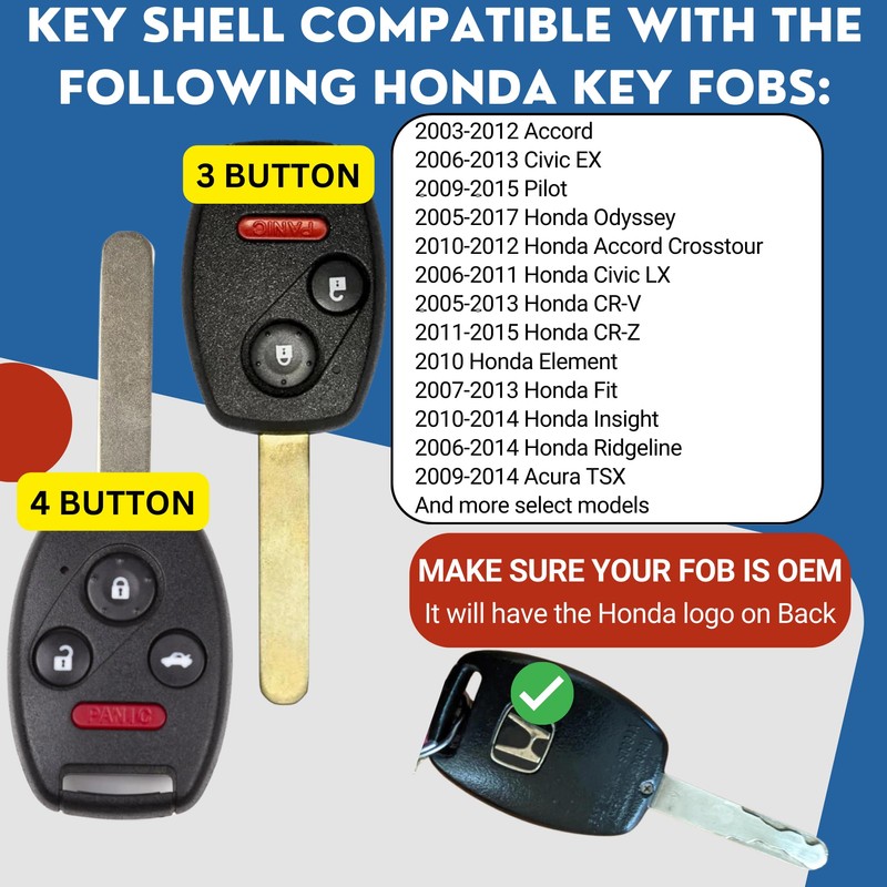 2 Pack USA-Made Honda Key Fob Shell | Crack-Resistant &