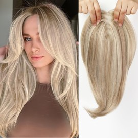starluck 18 Inch Light Honey Blonde & Bleach Blonde Layered Hairpiece with Bangs, Synthetic Topper Swiss Base Featuring 3 Clips for Thinning Hair, Gray Coverage, and Hair Loss