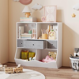 LALFPET 3-Tier Kids Bookshelf with 4 Cubby & 3 Removable Bins | 36.6" Wood Toy Storage Organizer for Playroom/Nursery, Wave-Design Cabinet for Toddler Books & Toys - White