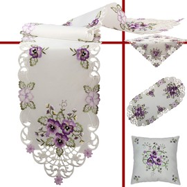 Quinnyshop Purple Pansy Embroidery Table Runner Tablecloth Cushion Cover Choice of Sizes Polyester White (40 x 90 cm)