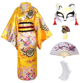 CRFASIBE 5PCS Women Japanese Kimono, Traditional Japanese Costume, Floral Printed Kimono Robe, Yukata Geisha Dress, Oriental Cosplay Costume Set with Accessories (Yellow)