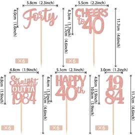 30PCS 40th Birthday Cupcake Toppers Glitter Forty Happy 40th Straight Outta 1984 Cupcake Picks for Cheers to 40 Years 40th Birthday Wedding Anniversary Party Decorations Supplies Rose Gold
