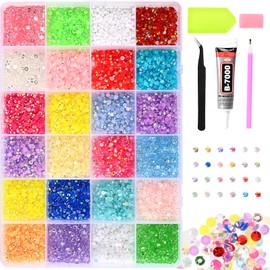 24000 Pieces of 3mm 24 Grid Storage Box Resin Rhinestone with DIY Tool Set, Various Gemstone Colored Flat Bottom Resin Diamonds Suitable for DIY Decoration of Nail Art Clothes, Masks, Cups (01)